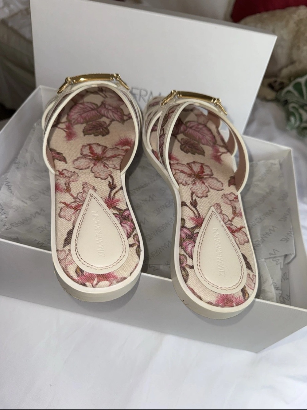 Zimmerman Prisma Hibiscus coral  Floral Print Linen Slide Sandal, Size 38 - Picture 6 of 10